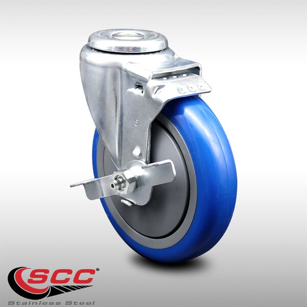 5 Inch SS Blue Polyurethane Wheel Swivel Bolt Hole Caster with Brake SCC
